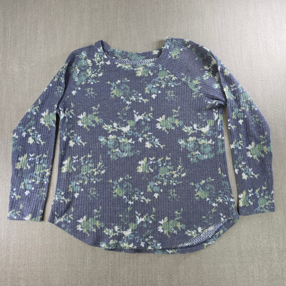 Peace & Pearls Thermal Top Women L Blue Floral Waffle Knit Raglan Long Sleeve